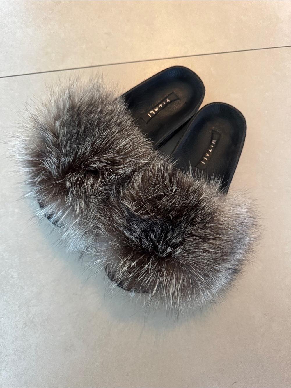 Fur Slide Sandals - Black with Gray Fur